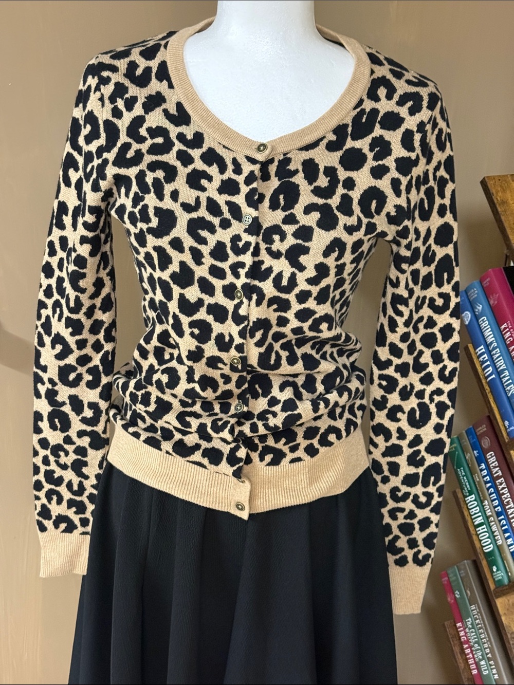 a new day Beige and Black Leopard Print Cardigan